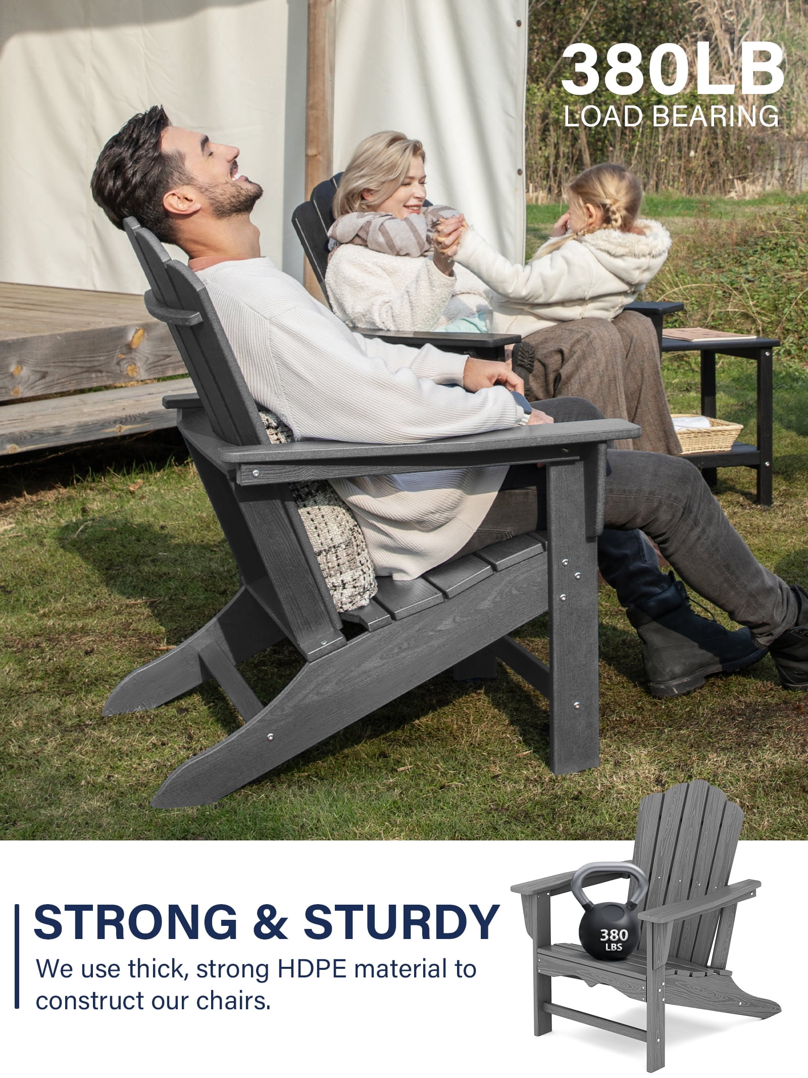 KINGYES HDPE Adirondack Chair, All-Weather Outdoor Fire Pit Chairs for Patio Deck Lawn, Grey