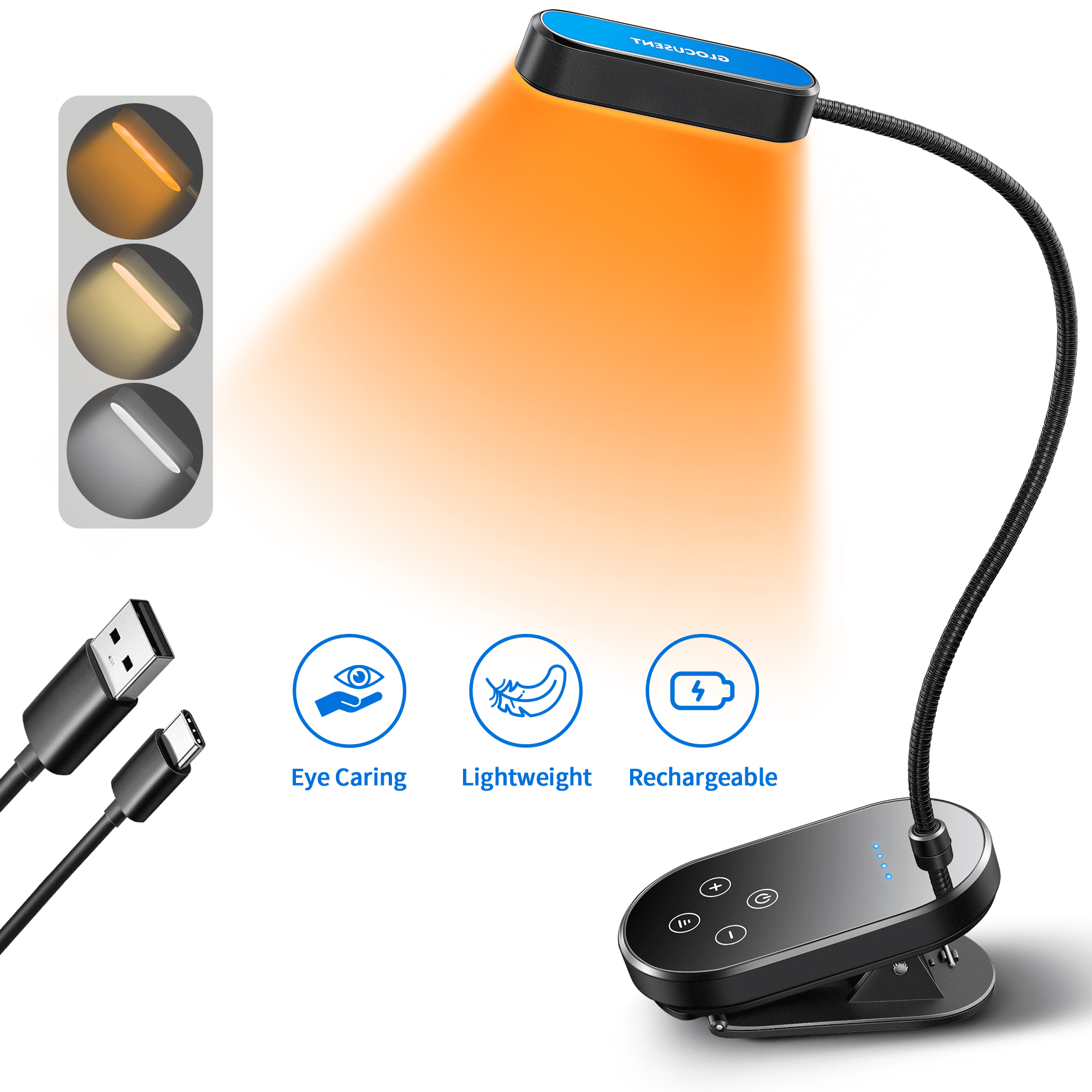 Glocusent Rechargeable Clip on Reading Light for Books in Bed, Amber