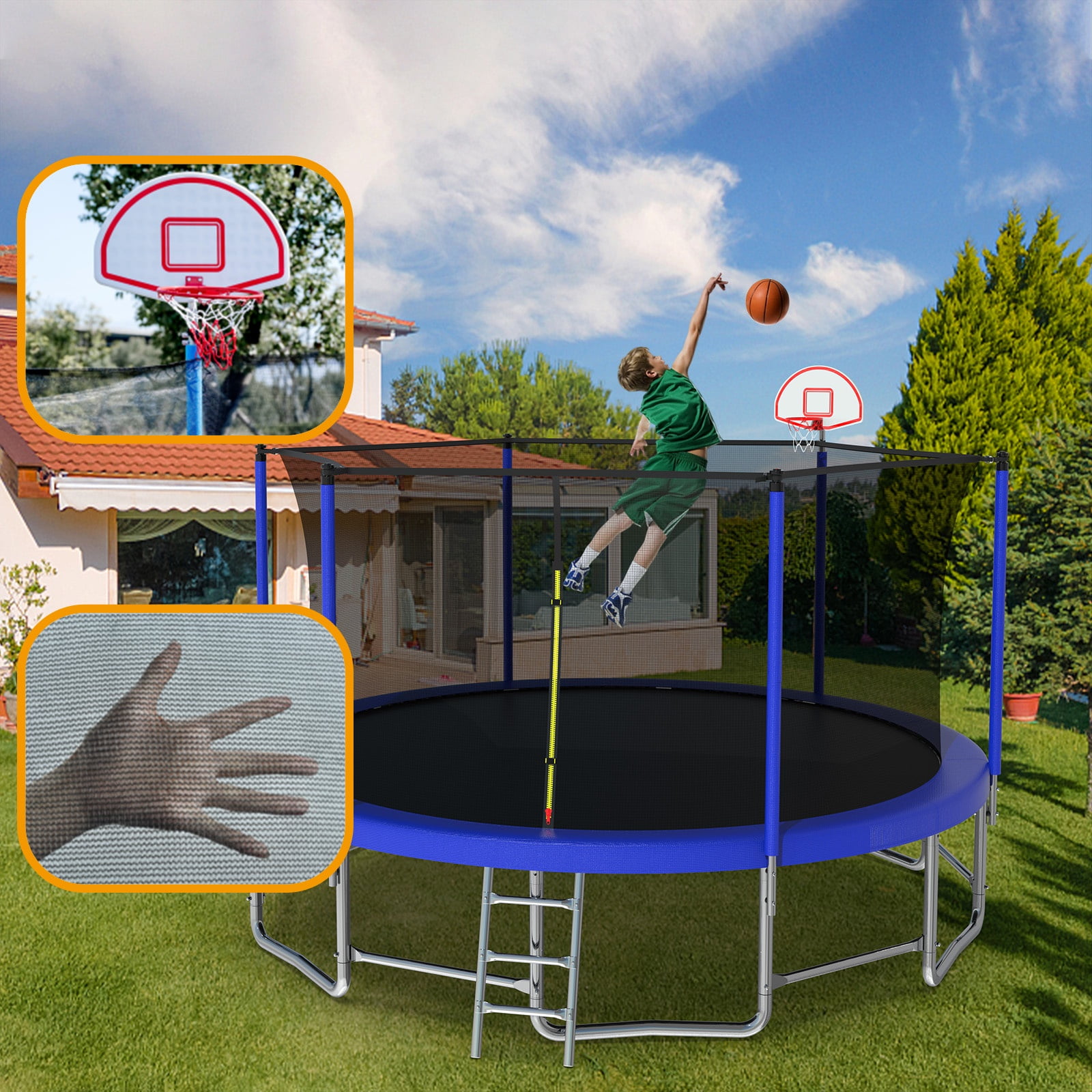 16FT Kids Trampoline with Hoop - Outdoor Trampoline W/Enclosure Net & Ladder, XXL Round Trampolines with Steel Support, Max Weight Capacity 1320LBS