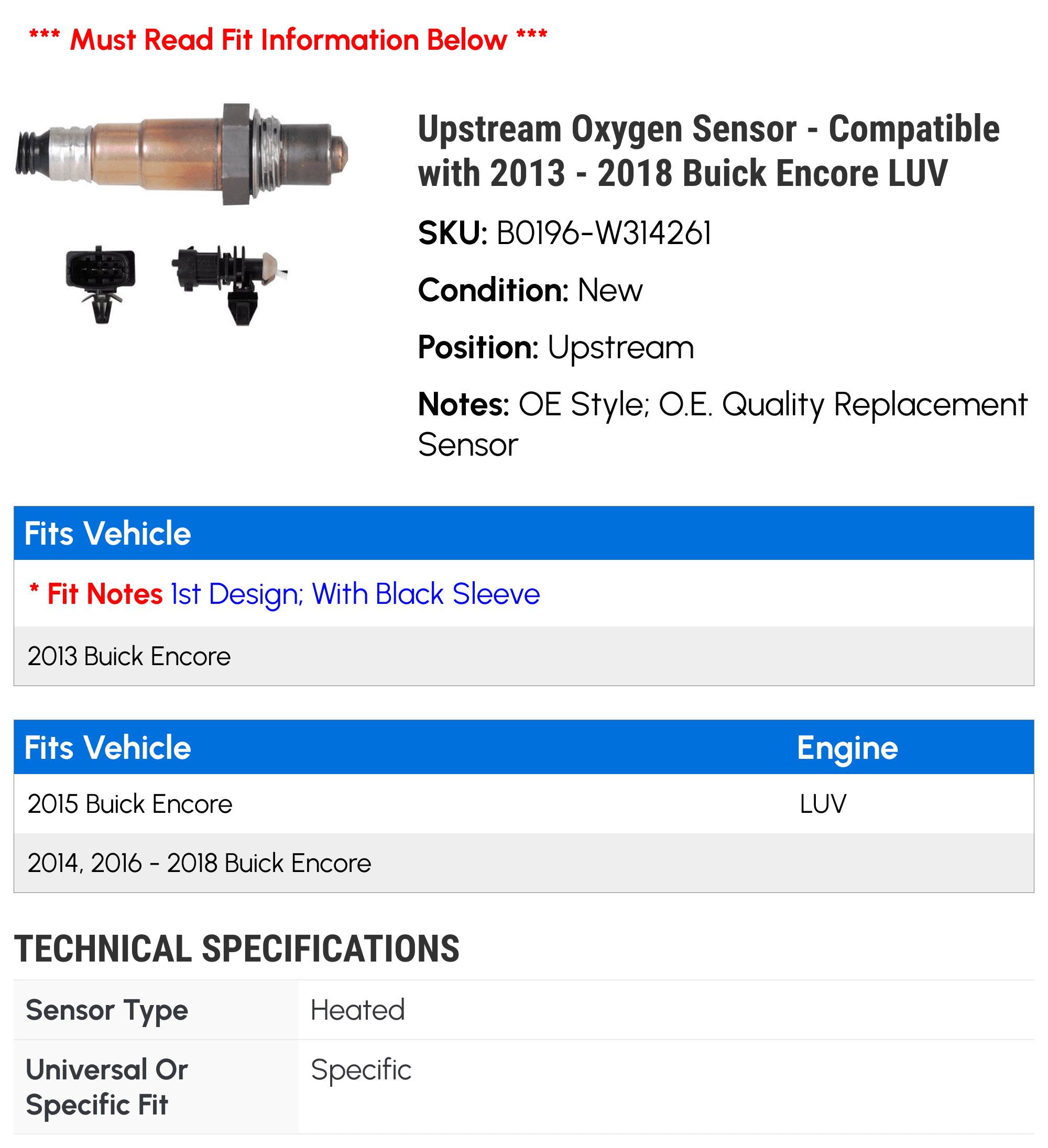 Upstream Oxygen Sensor - Compatible with 2013 - 2018 Buick Encore LUV 2014 2015 2016 2017