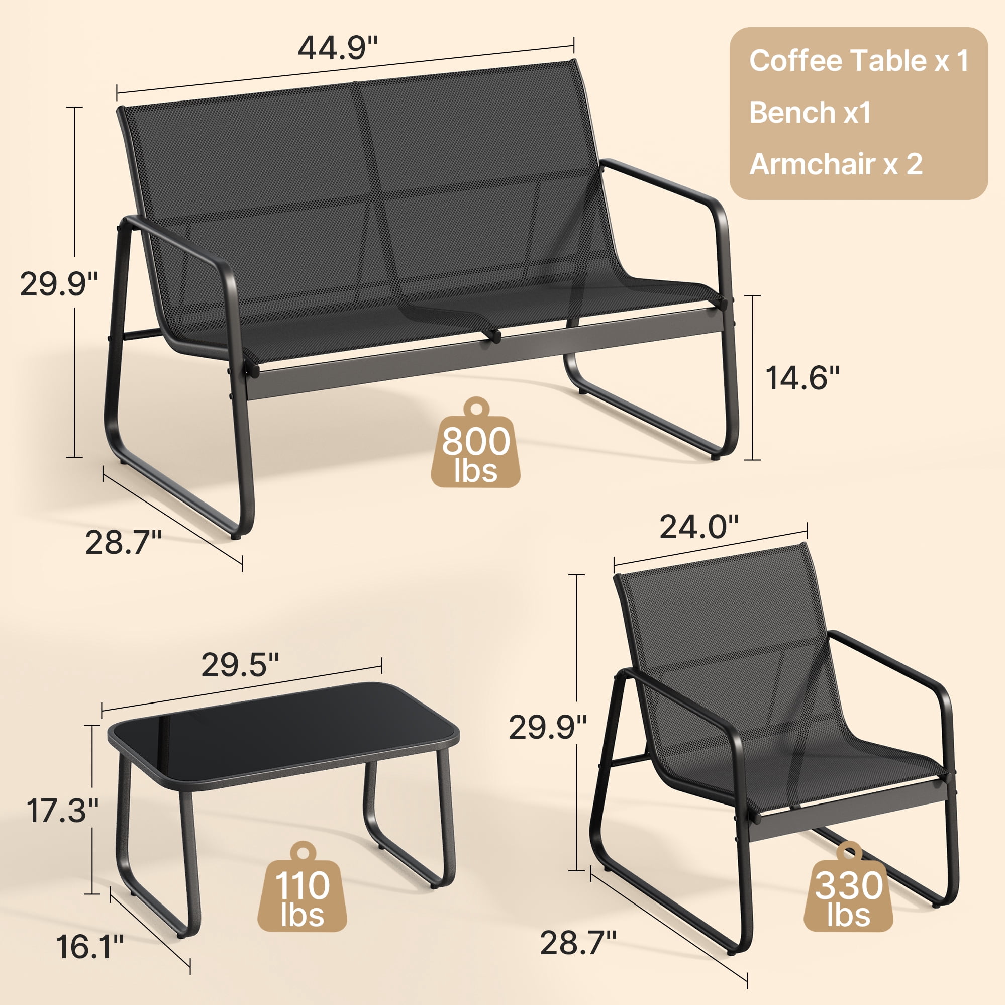 Lofka 4 PCS Patio Chairs Set, Outdoor Furniture Set with Loveseat and Cool Textile Fabric, Black