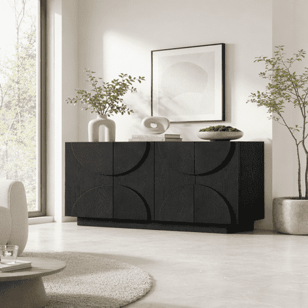 MEETFAV 4-Door Storage Sideboard Wood Sideboard Cabinet with Adjustable Shelves and Semi-Circular Handles for Dining Room and Living Room Black