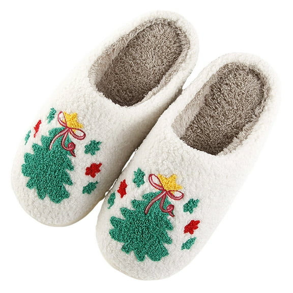 Christmas Fuzzy Slippers for Women Men Funny Print Matching House Shoes Furry Lined Winter Warm Anti-Slip Bedroom Slides Gray 7.5