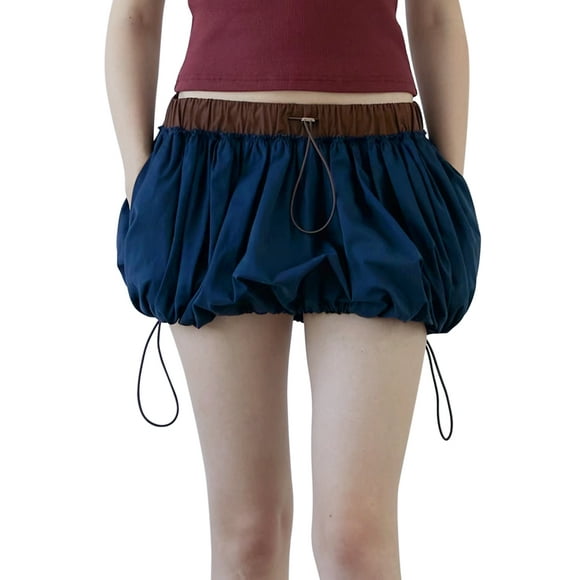 Gupgi Women Ruffle Bubble Skirts Elastic Waist Mini Skirt Balloon Short Skirt Summer Contrast Color Drawstring Skirt Streetwear