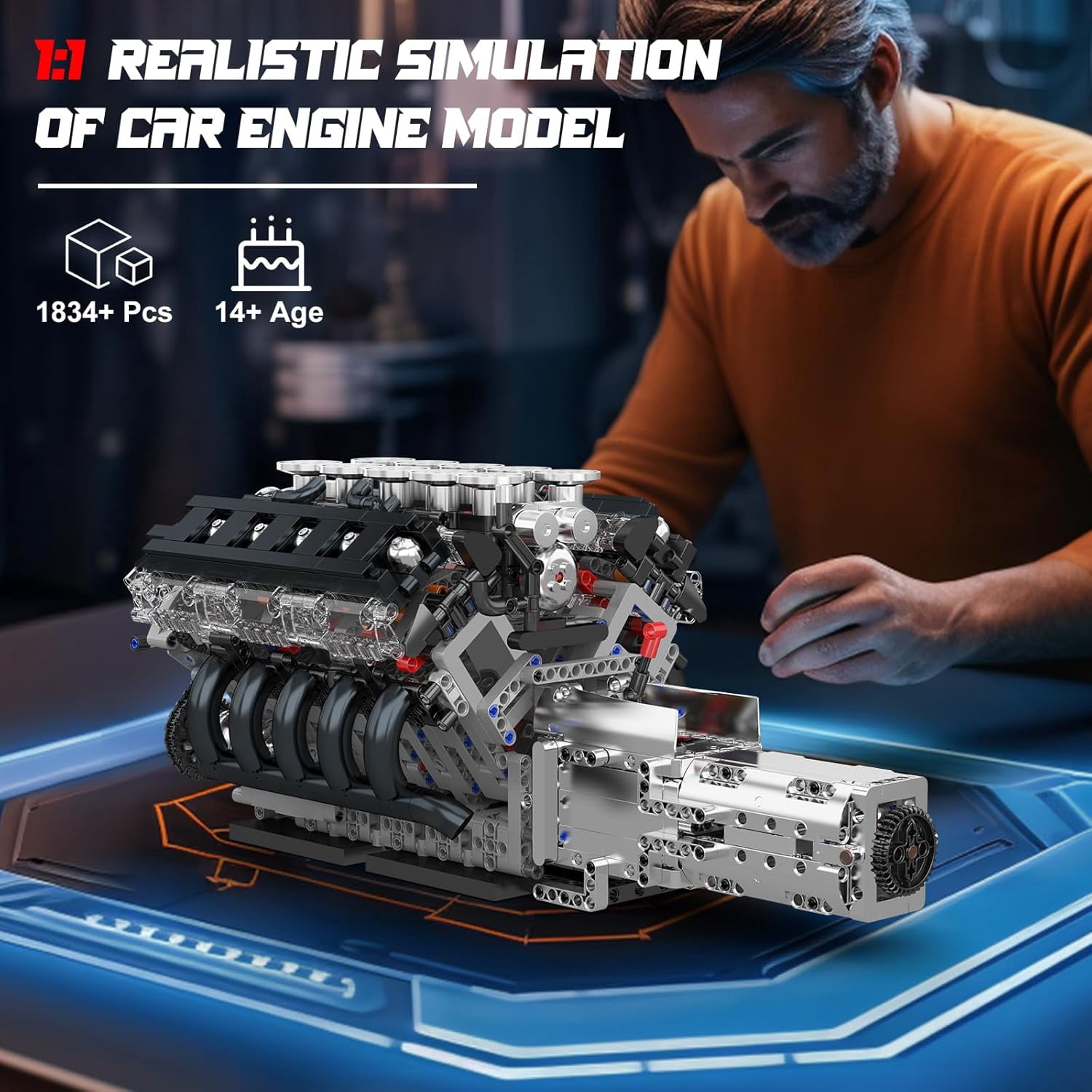 Engine Building Blocks Sets- Build Your Own STEM V10 Engine Model Kit, 10-Cylinder Car Engine Building Engineering Toys for Adults Collections Home or Office Décor (1834+PCS)