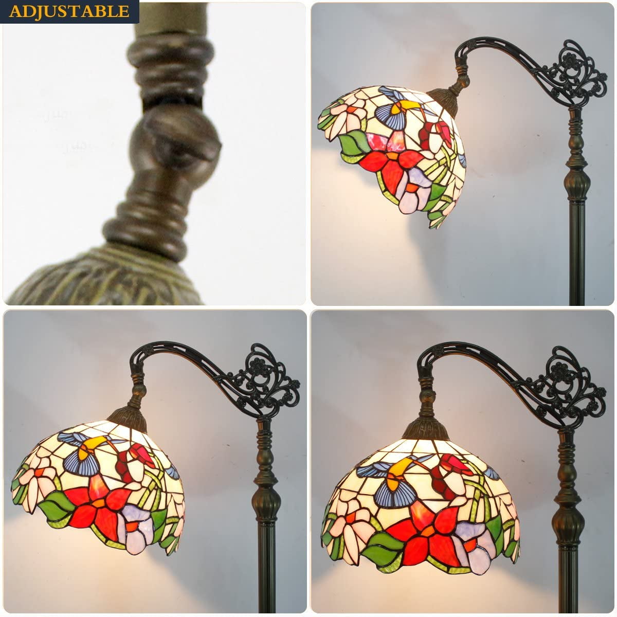 Tiffany Floor Lamp LED 64" Tall Industrial Pole Vintage Boho Hummingbird Stained Glass Standing Corner Bright Reading Light Arched Gooseneck Adjustable Living Room Kids Bedroom Farmhouse