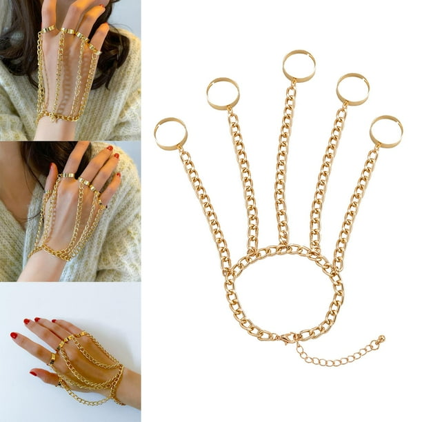 Moda Punk anillos pulsera Metal Unisex capas Vintage muñeca cadena regalos para el Día de San Valentín joyería de fiesta con 5 anillos cadena de mano Oro Yinane Pulsera punk