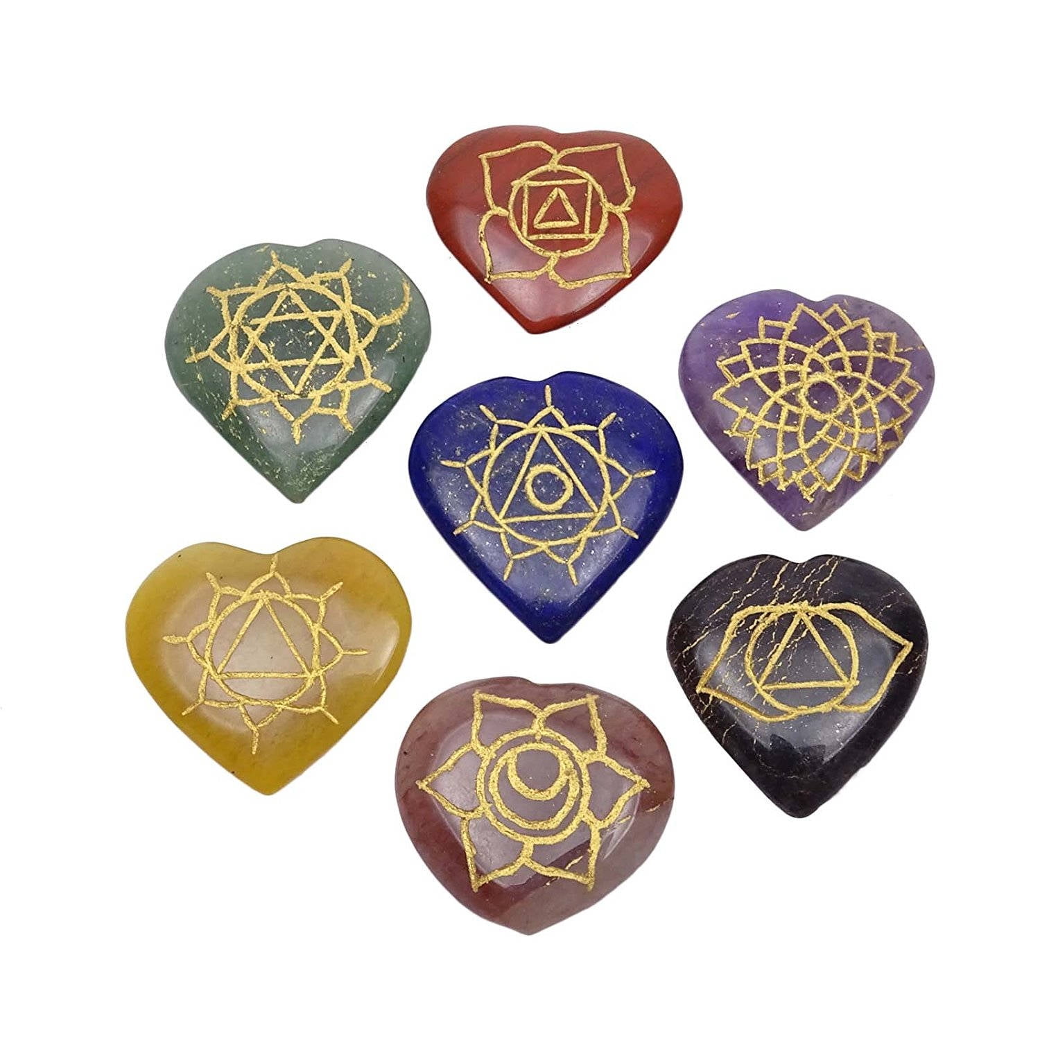 Harmonize 7 Multistone Heart Shape Set Chakra Symbol Reiki Healing Crystal Feng Shui Gift Table Decor