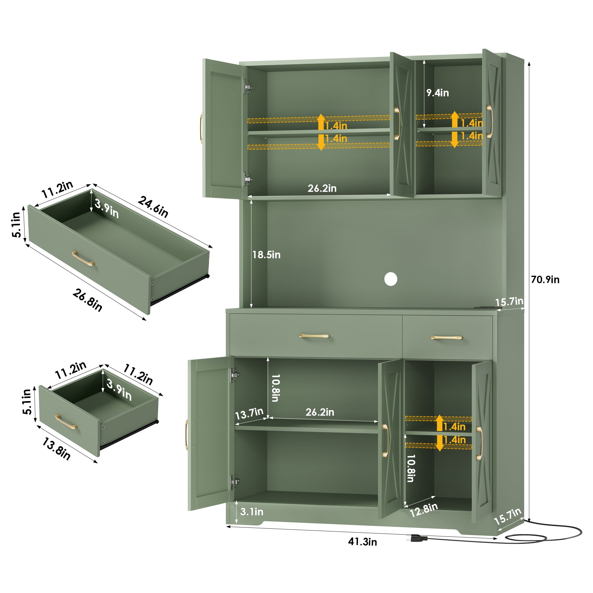 Homfa 71" Kitchen Pantry with Charging Station, Freestanding Cupboard with Adjustable Shelves, Floor Cabinet for Dining Room, Green