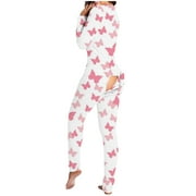 TopLLC Women Onesies Pajamas Adult One Piece Sleepwear Long Sleeve Button Down Romper Loungewear with Pockets Butt Flap Pajamas S-XXL