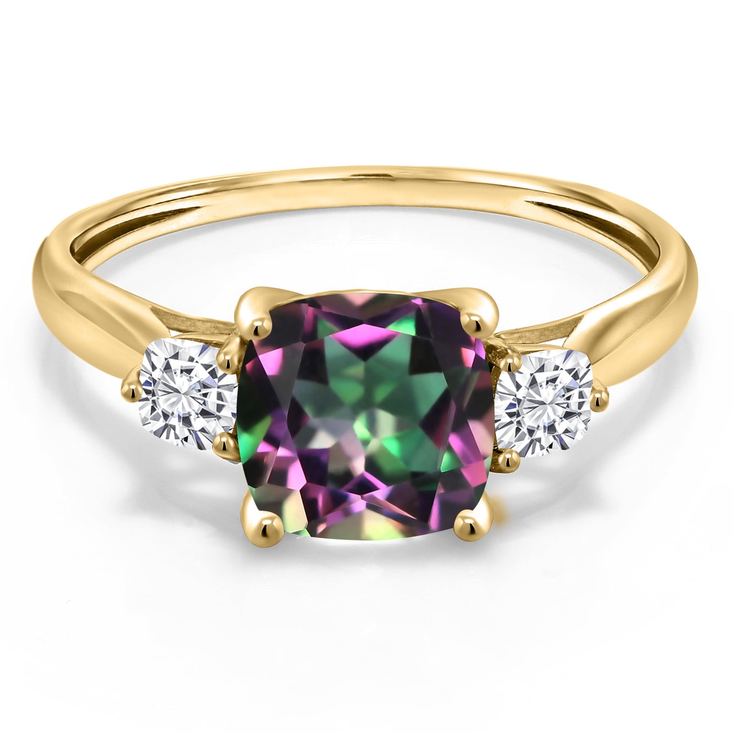 Gem Stone King 10K Yellow Gold Green Mystic Topaz and White Moissanite 3-Stone Engagement Ring for Women | 2.26 Cttw | Cushion 7MM | Gemstone November Birthstone | Available in Size 5, 6, 7, 8, 9