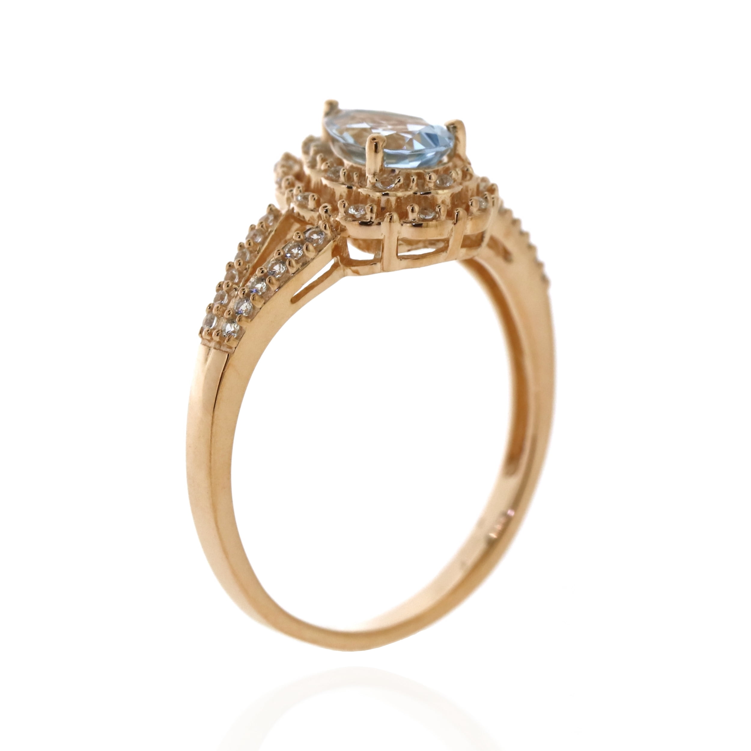 Jay Heart Designs 925 Sterling Silver with 14KP Gold Plated Aquamarine and Created White Sapphire Ring