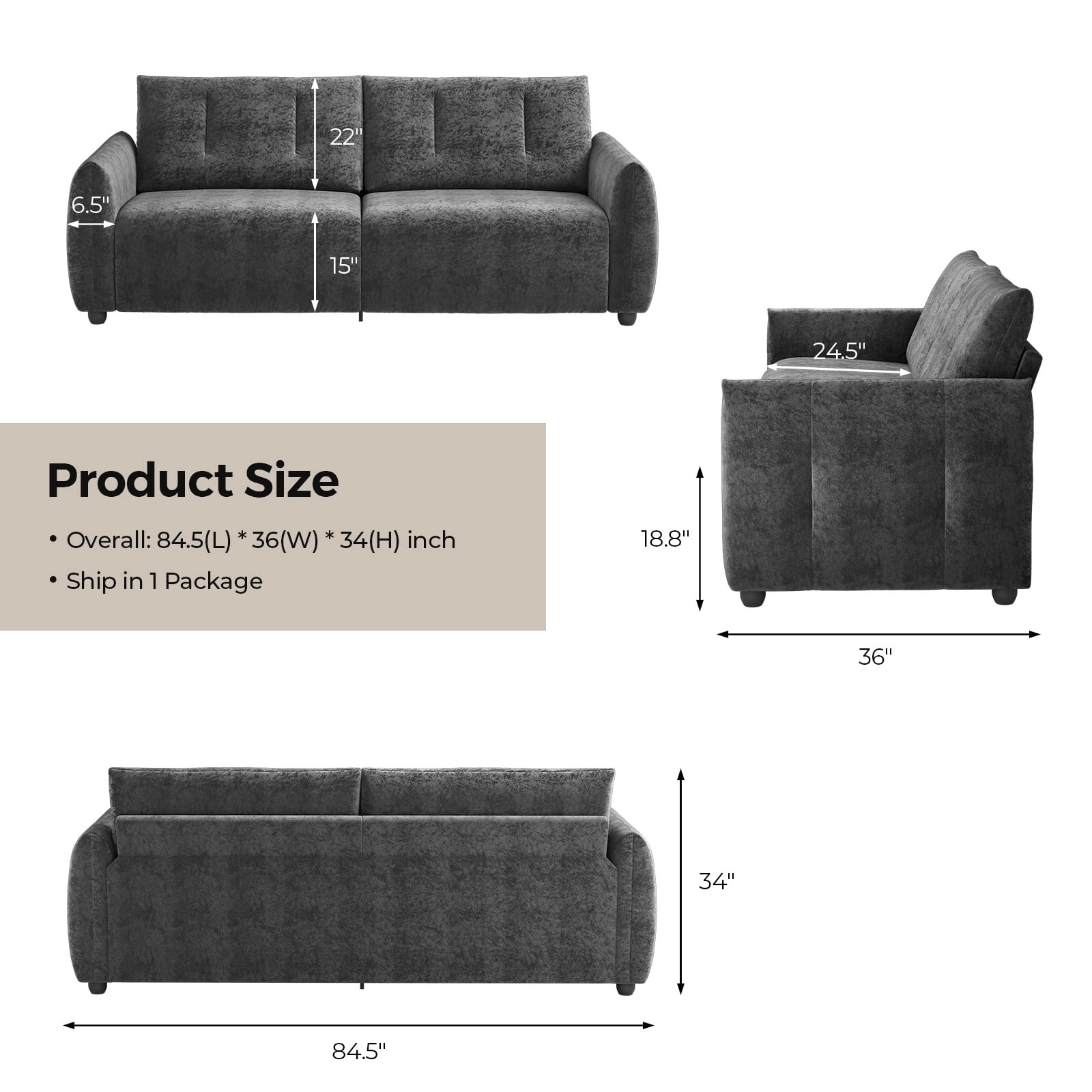 COPIAE 84.5 Inch Loveseat Sofa, Modern Couch and Sofa, Feather-tip armrest design, Sturdy and Easy Installation, Small Sofa for Living Room Bedroom Office and Apartment, Chenille Fabric,Gray