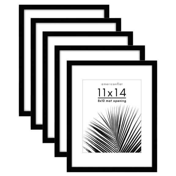 Americanflat 11x14 Picture Frame with Polished Plexiglass with 8x10 Mat 5 Pack Display Photo Galleria - Black