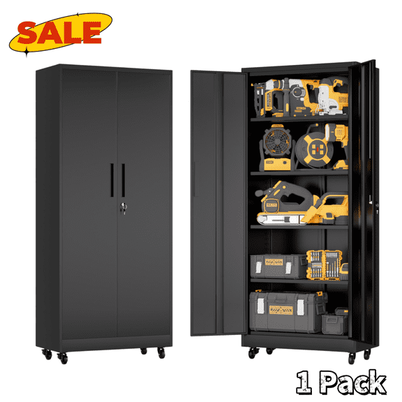 Hassch 71" Tall Metal Cabinet with Wheels, Rolling Tool Cabinet with Locking Doors, Storage Cabinet with Adjustable Shelves for Home Office, Garage, Warehouse, Black