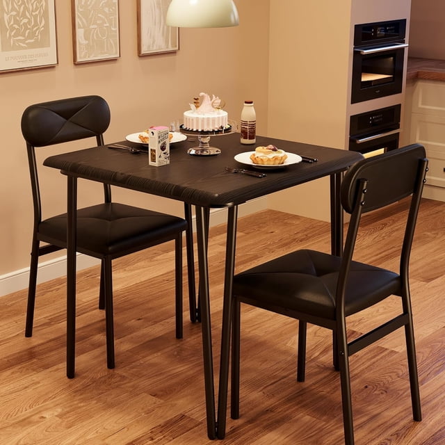 3 Pcs Dining Table Set for 2 Small Square Kitchen Table with 2 Upholstered Chairs Space-Saving Wood Dinette for Apartment Home Office Breakfast Nook