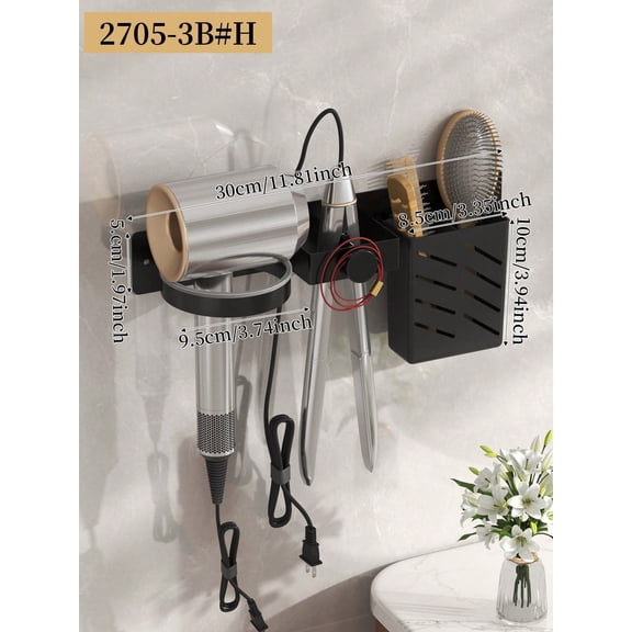 Hair Dryer Wall‑Mount Holder, Punch‑Free Bathroom Hair Tool Organizer, Wall Storage Rack for Blow Dryer, Curling Iron, Hair Brushes, Black