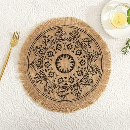 

Round Placemat 15 Inch - Jute Fringe Table Mats Set of 4 with Tassel Place Mat for Dining Room Kitchen Table Decor