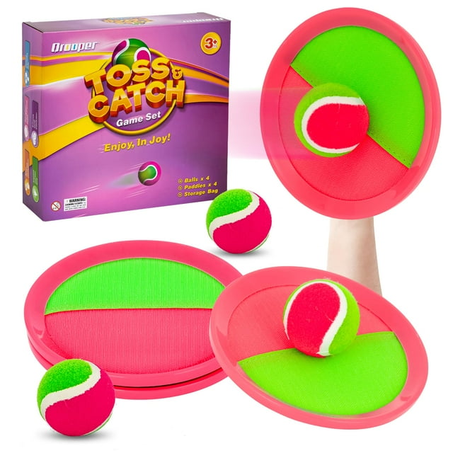 Set de juego Toss and Catch Qrooper Kids Outdoor, 4 paletas y 4 pelotas