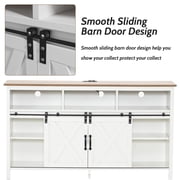 57 Farmhouse Barn Door Coffee Bar Cabinet with LED Light & Outlet & Charging Port, 4-Tier Buffet Cabinet Sideboard Kitchen Storage, White