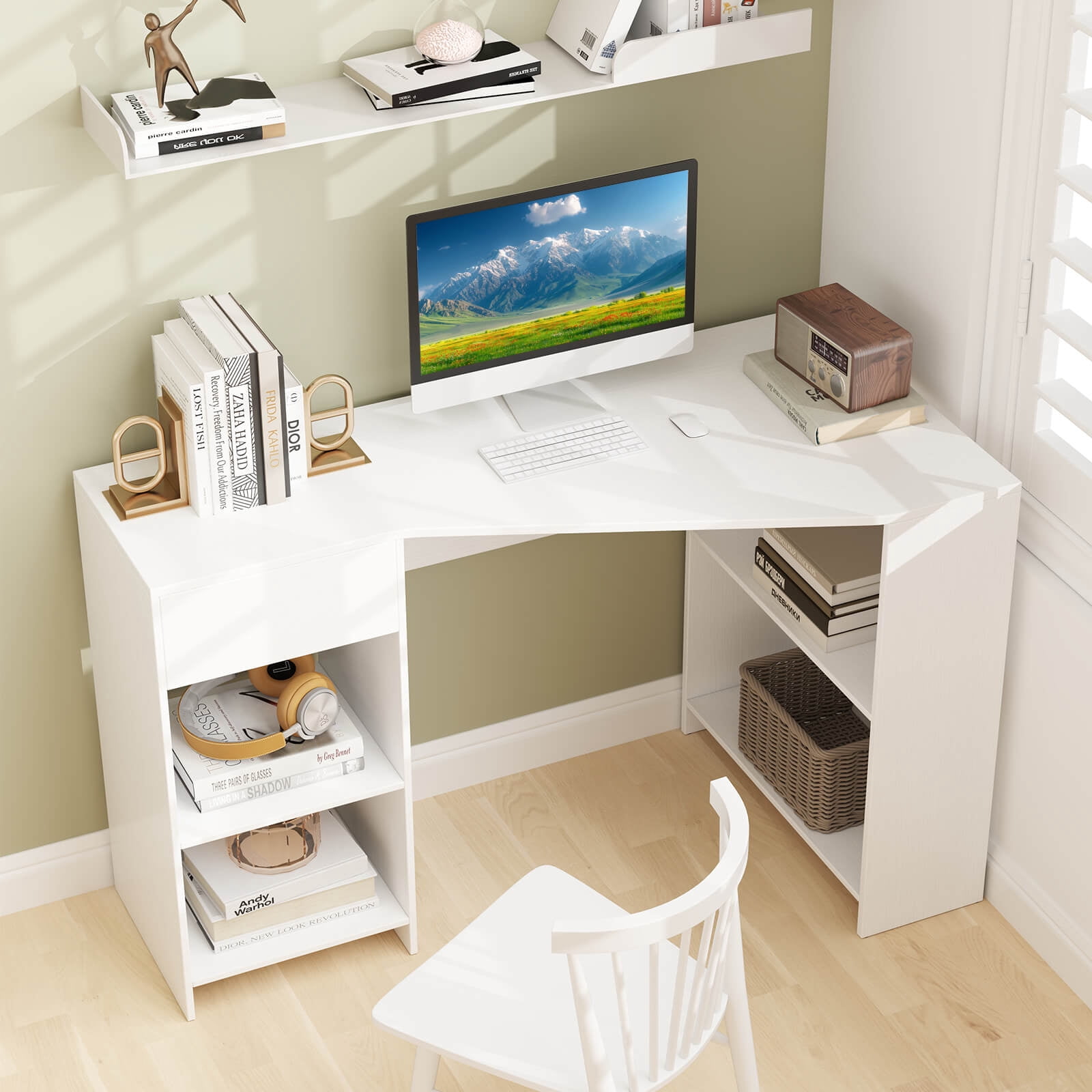 Costway L Shaped Computer Desk with Drawer & Storage Shelves for Home Office Workstation