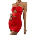 thumbnail image 1 of TRKIYQC, vestido ajustado de verano para mujer cuello Halter plisado corte en el pecho falda de Color sólido para mujer TRKIYQC moderno, 1 of 9
