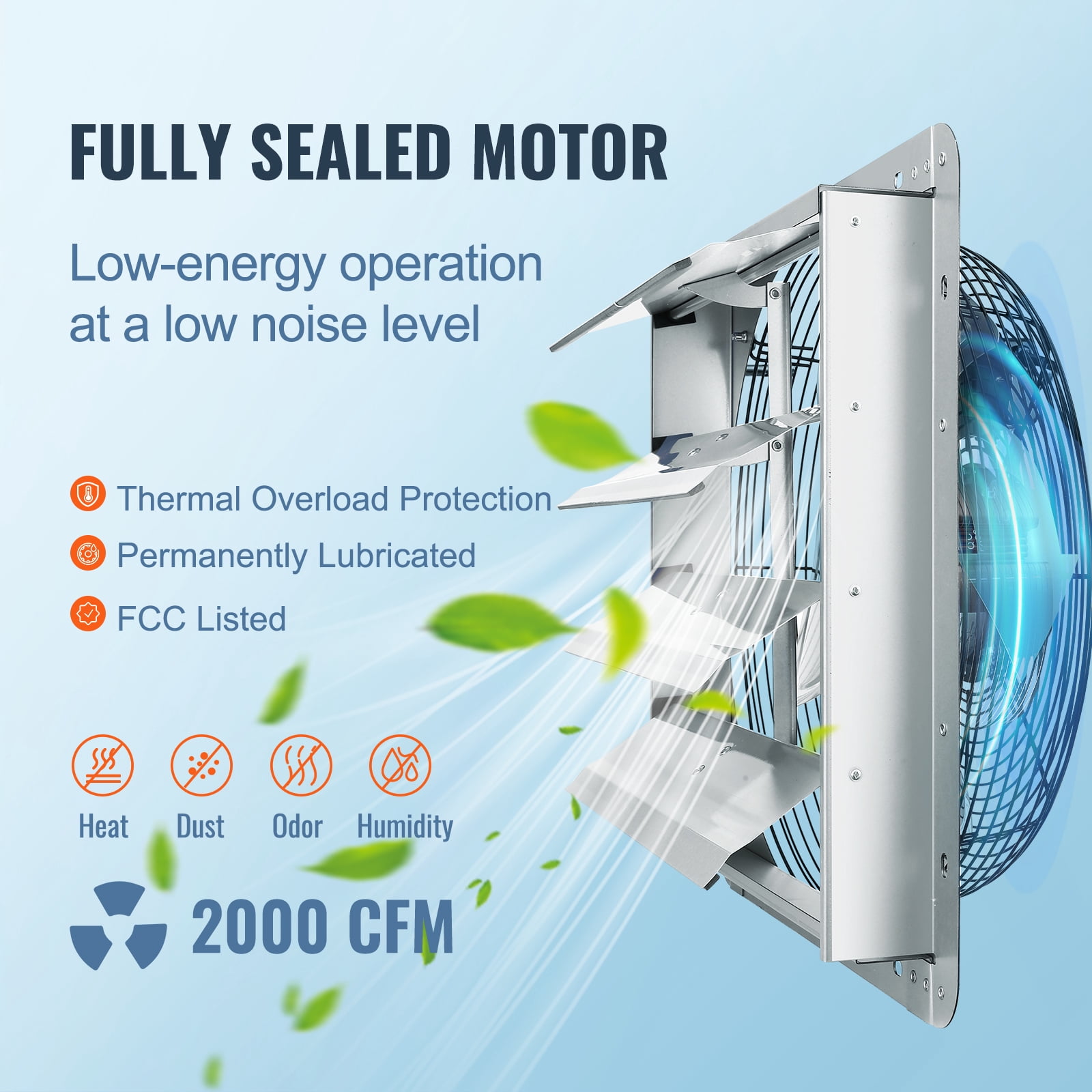 SKYSHALO 16" Aluminum 2000 CFM Shutter Exhaust Fan with 1450 RPM Speed for Shops, Silver
