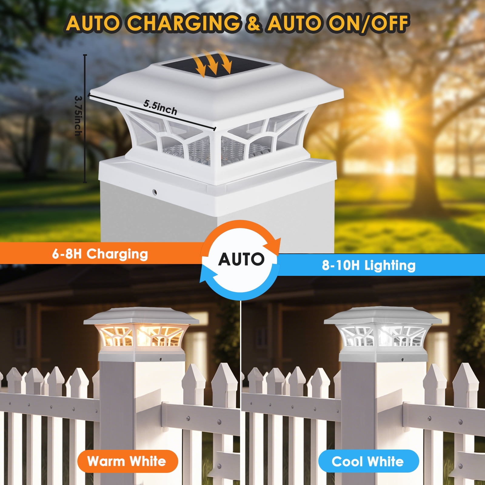 Solar Lights for Fence Post Cap Outdoor Deck 6 Pack for 4x4/5x5/6x6 Wooden/Vinyl Posts Two Light Modes LED Warm/Cool White Decor for Garden Patio. (White, 6)