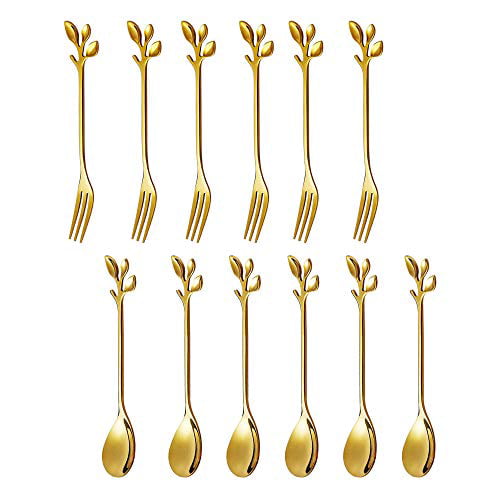 Easycomf Stainless Steel Dessert Forks Coffee Spoon 12pcs Teaspoons Set Tableware Creative for Espresso Cake Sugar Ice Cream Appetizer Soup whole set, 6 spoons and 6 forks 