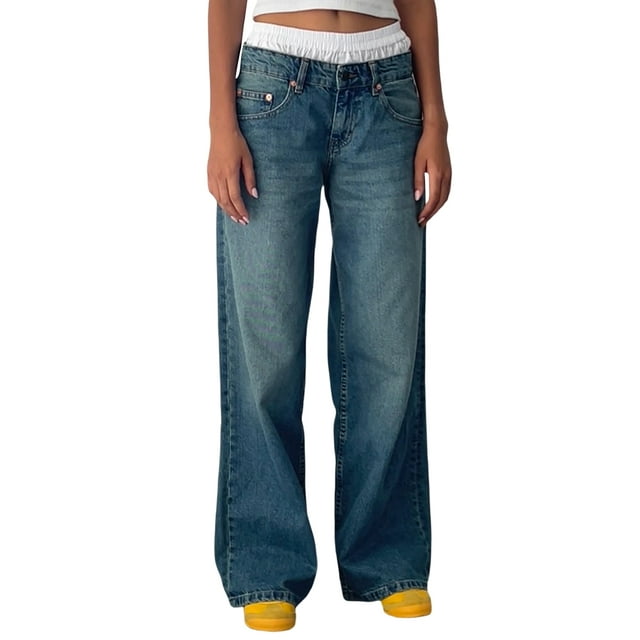 FOCUSNORM Women's Spring Summer Denim Pants Low Waist Wide Leg Trousers with Multi Pockets