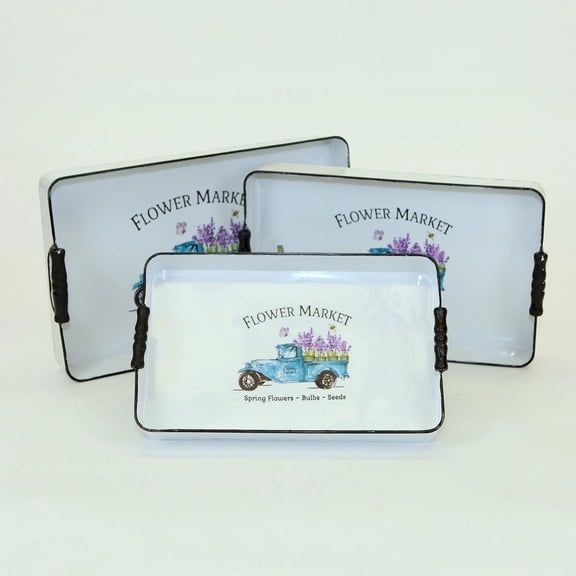 Set Of 3 White With Blue Pick Up Truck 'Flower Market' Decorative Trays