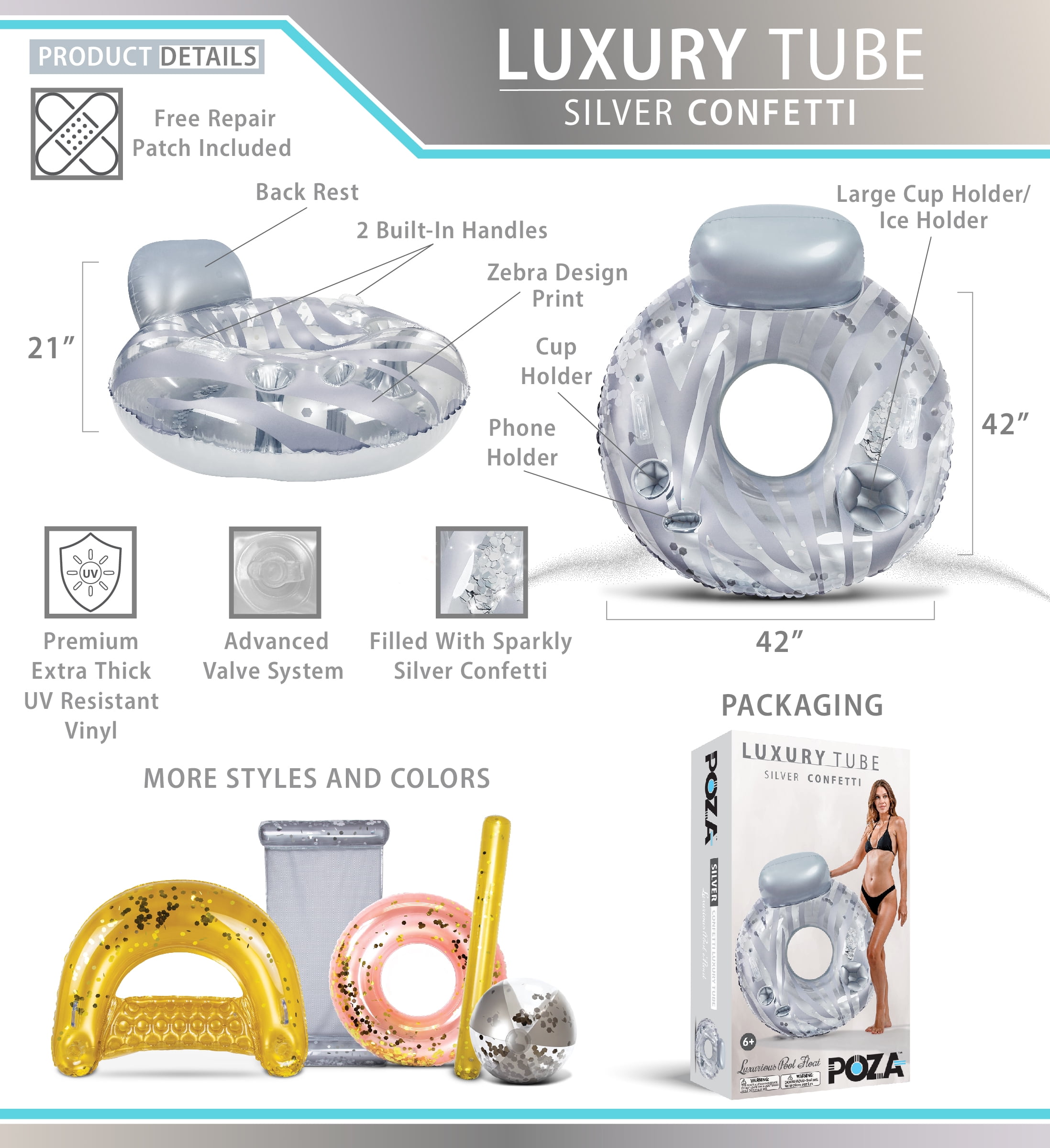 POZA Silver Inflatable Luxury Tube with Back Rest - Big Luxurious Lounger Pool Float Tube Filled with Sparkle Confetti, Built in Phone Holder, Cup Holders, and Handles, Premium Thick Ring - 42 Inches