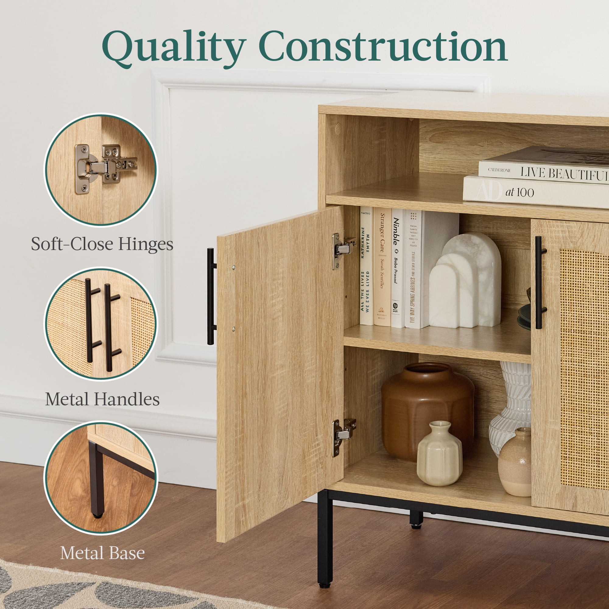 Best Choice Products Arched 2-Door Rattan Cabinet, Sideboard, Buffet, w/ Cord Cutout, Adjustable Storage Shelf - Natural