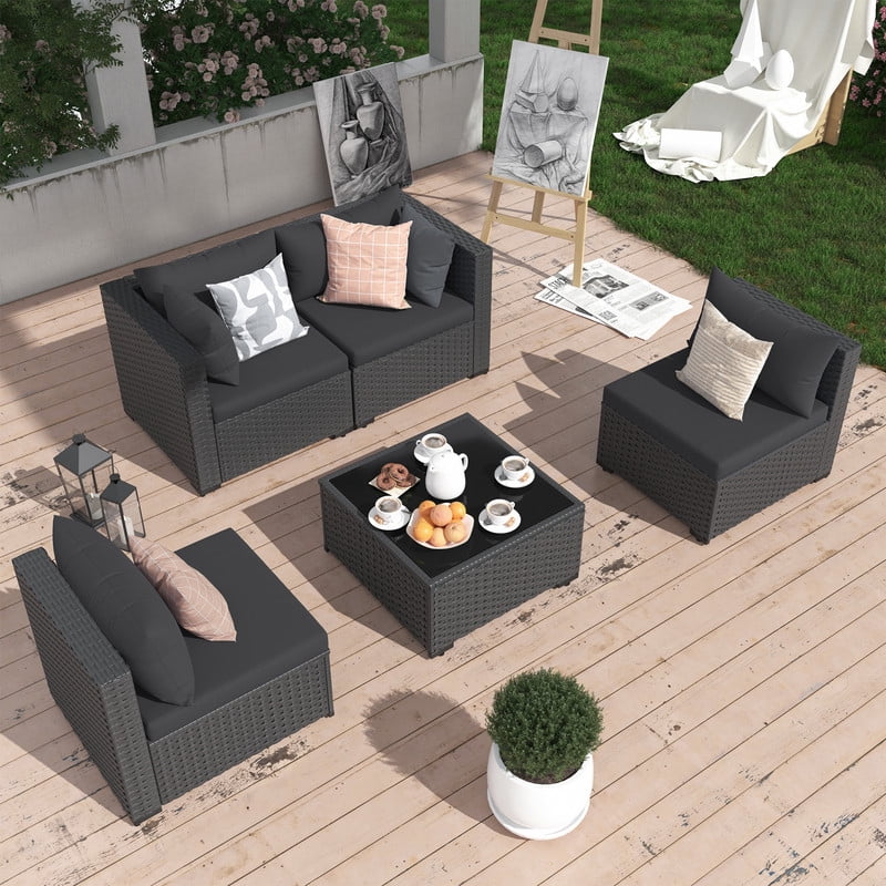 ELPOSUN 5 Pieces Patio Furniture Set, Outdoor Furniture Sectional Rattan Sofa for Backyard Garden (Dark Grey)
