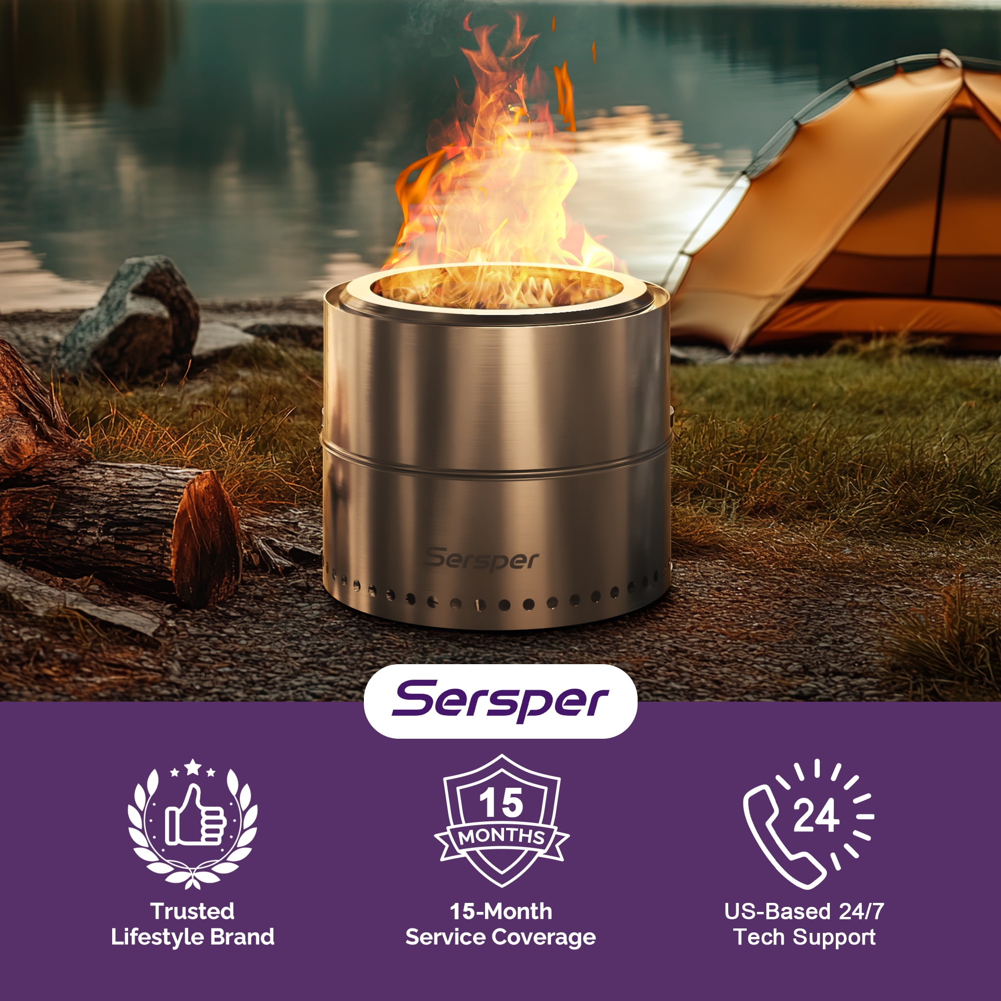 Waykar 19 inch Smokeless Fire Pit for Outside, Portable Collapsible Stainless Steel Firepit with Poker and Carry Bag for Backyard, Patio, Garden, Picnic, Bonfire