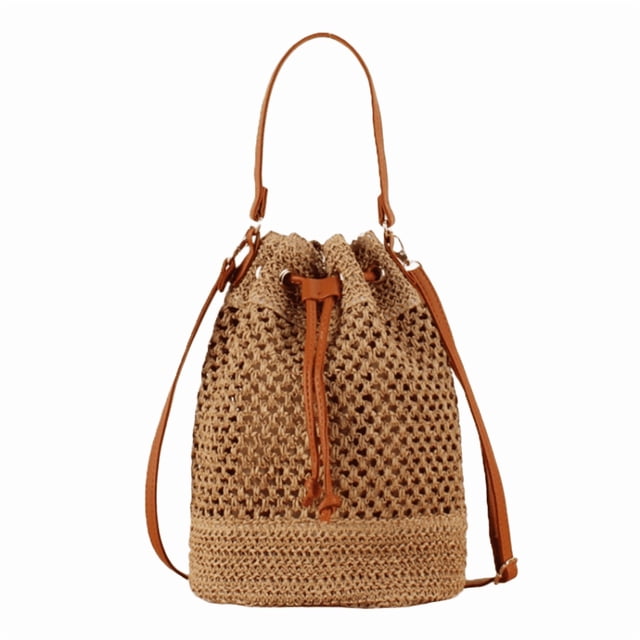Natural Paper Rope Straw Crochet Bucket Bag with Brown Leather Handles & Drawstring - Hollow Solid Color Splicing Design, 26cm Open Length 29cm Height, Lightweight 0.25kg Summer Vacation Casual