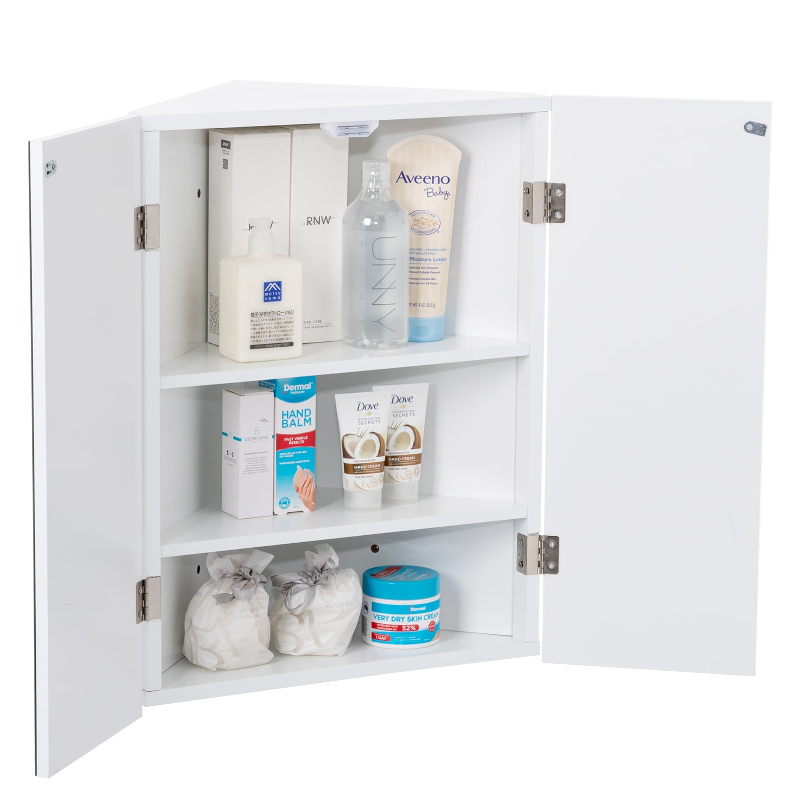Eclife 2 Doors Corner Medicine Cabinet with Mirror Wall Mounted Bathroom Organizer, White