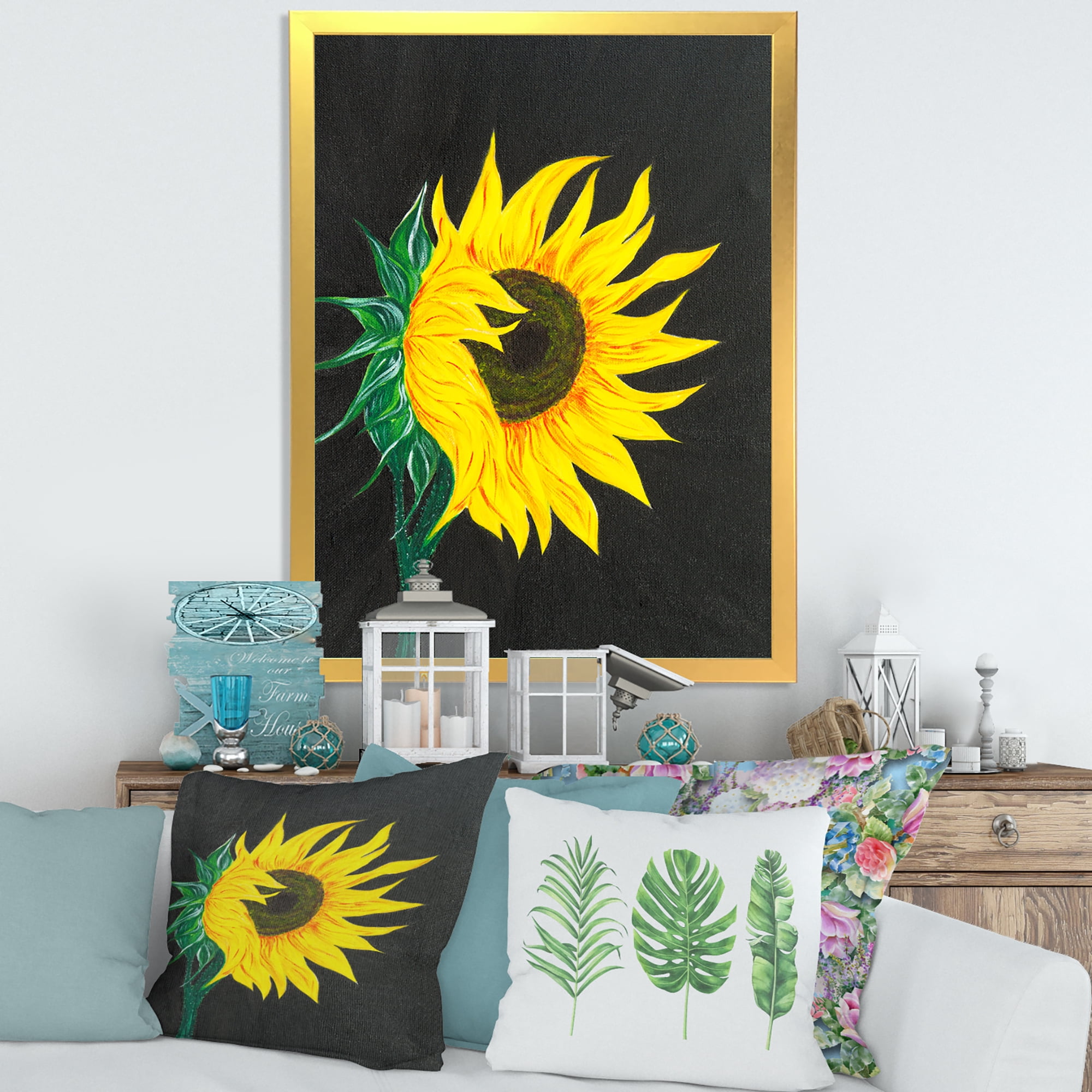 Designart 'Yellow Sunflower On Black' Traditional Framed Art Print