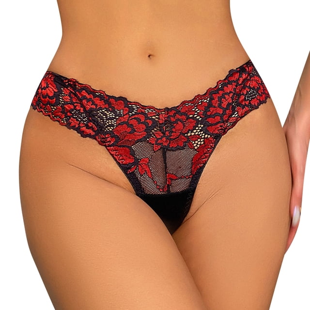 Aayomet Strings pour Femmes Dentelle Maille Sans Couture Demi-Hanches Taille Basse Culottes String (Rouge, TTG)