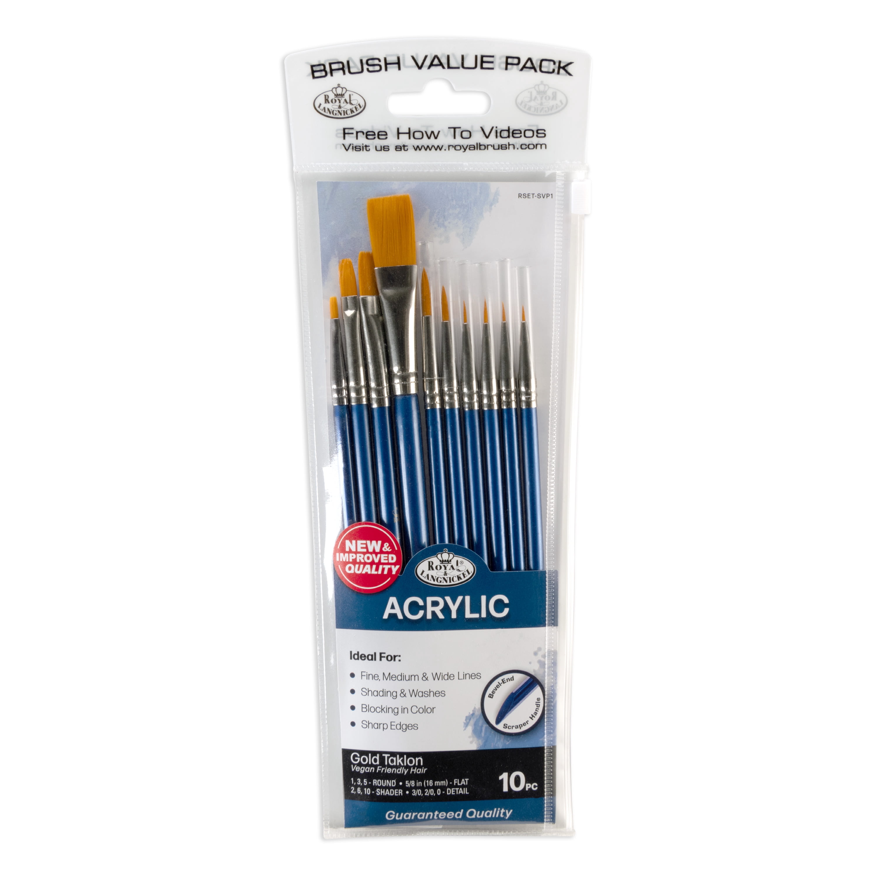 (2 pack) Royal & Langnickel Assorted Shapes Gold Taklon Acrylic Art Brushes 10 Pieces