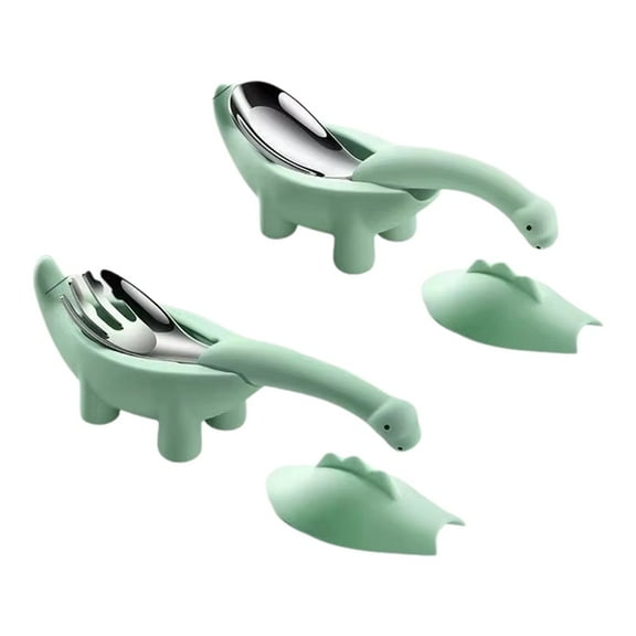 Dinosaur Shaped Infant Food Feeding Spoon Fork Child Baby Cartoon Stainless Steel Tableware Set Utensil Green