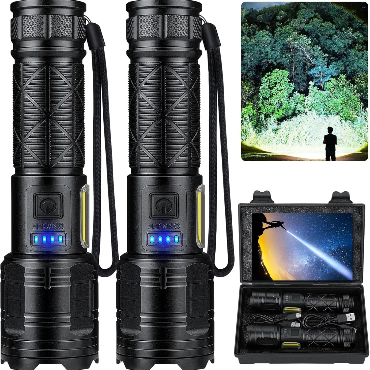 Rechargeable LED Flashlights High Lumens, 99,000 Lumen Super Bright Flashlight with 7 Modes & Waterproof, Powerful USB Rechargeable Handheld Flash Light for Camping Home(2 Pack)