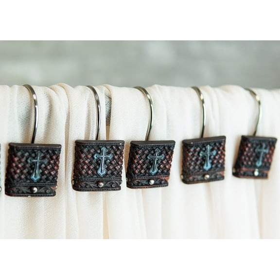 Rustic Turquoise Cross On Faux Weaved Leather Bathroom Shower Curtain Hooks 12pk