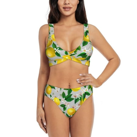 Balery Lemon Seamless Pattern Oil Painting Effect Women s Bikini Set - Sexy Two Piece Swimsuit with Adjustable Straps and High Waisted Bottoms-XX-Large