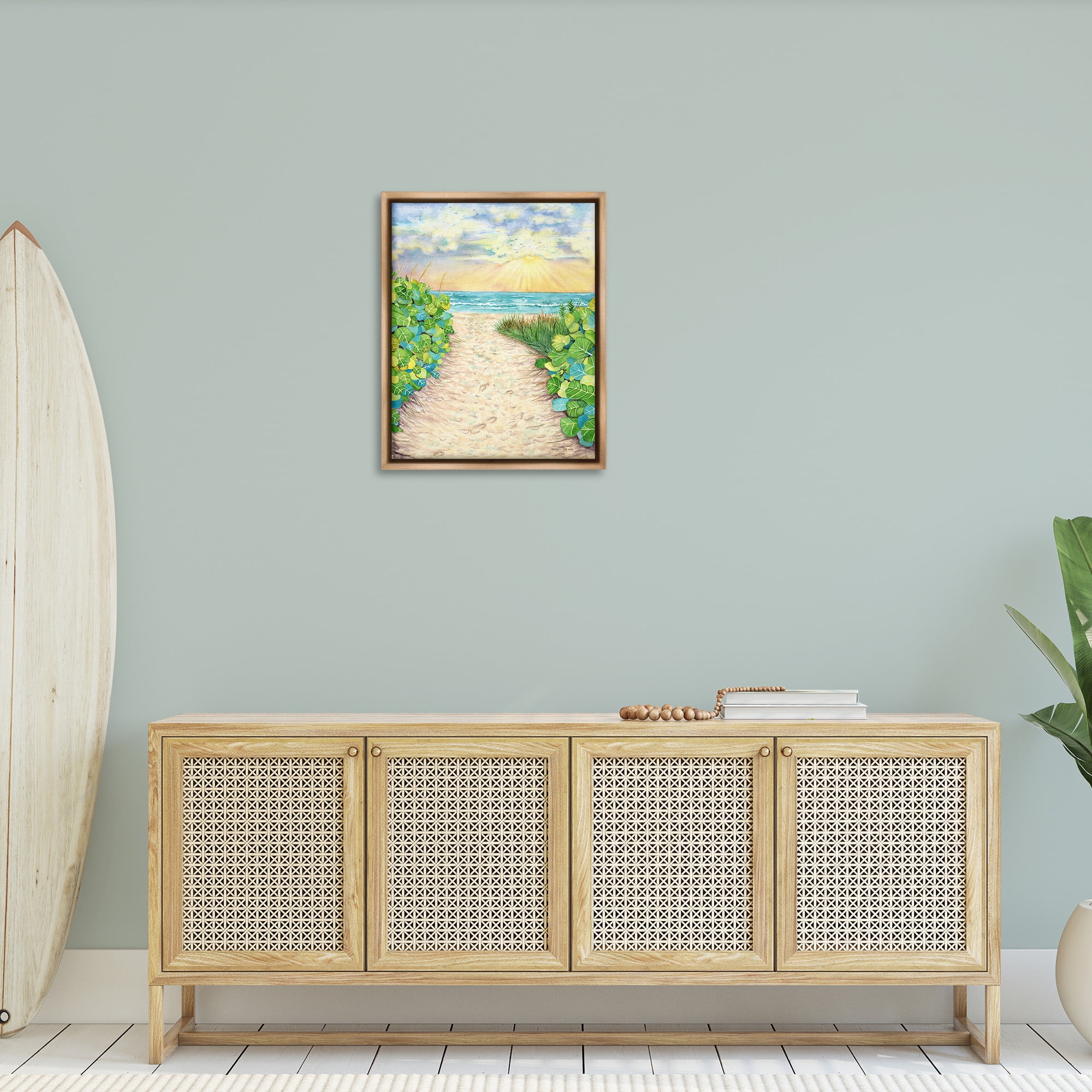 Stupell Industries Lush Beach Botanicals Landscape Painting Brown Floater Framed Canvas Art Print Wall Art, 25 x 31