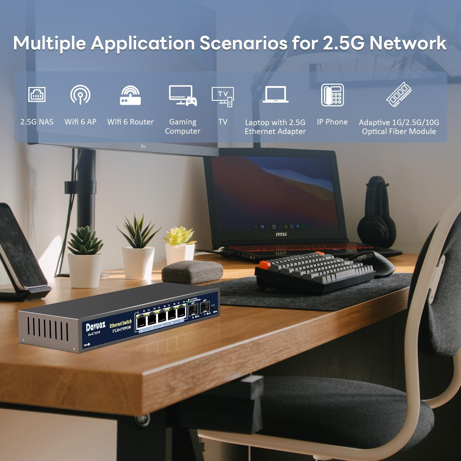 Davuaz 2.5G Unmanaged Ethernet Switch with 5 x 2.5G Base-T Ports and 2 x 10G SFP Uplink Port, Compatible with 100/1000/2500Mbps, Fanlesss Design, Plug & Play, Metal 2.5Gb Network Switch