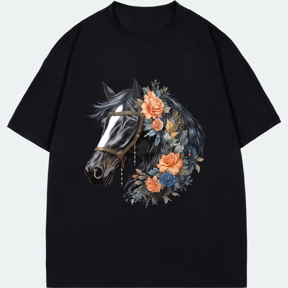 Black T-Shirt Horse Floral Print For Casual Wear