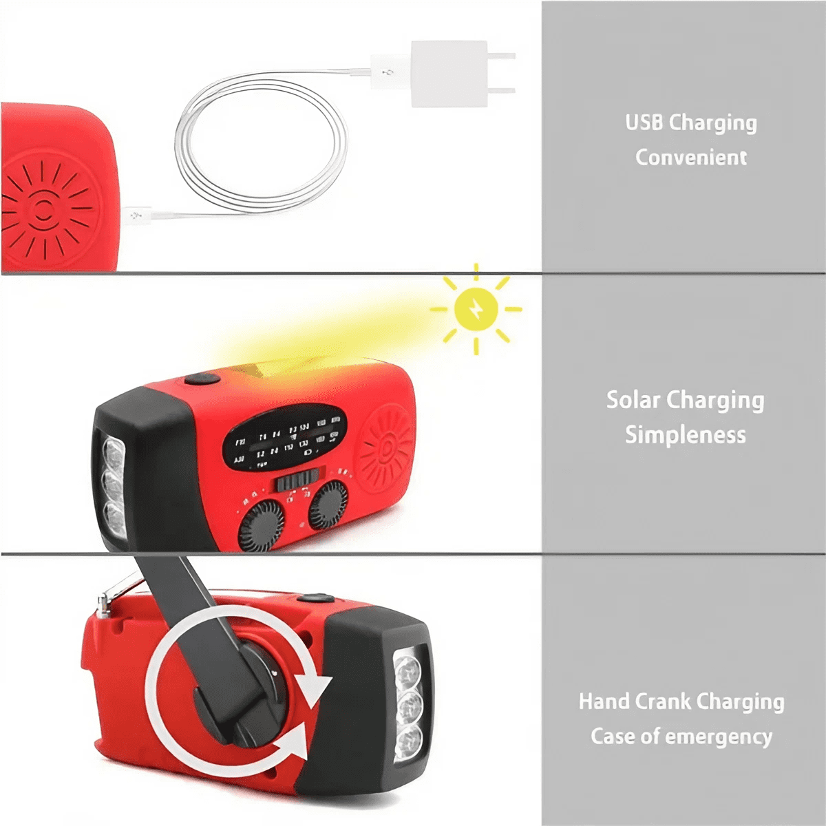 This versatile portable radio features a 2000mAh battery, is powered by a hand crank and solar power, supports USB charging, features FM, AM, WB, NOAA weather radio, and comes with an emergency LED fl