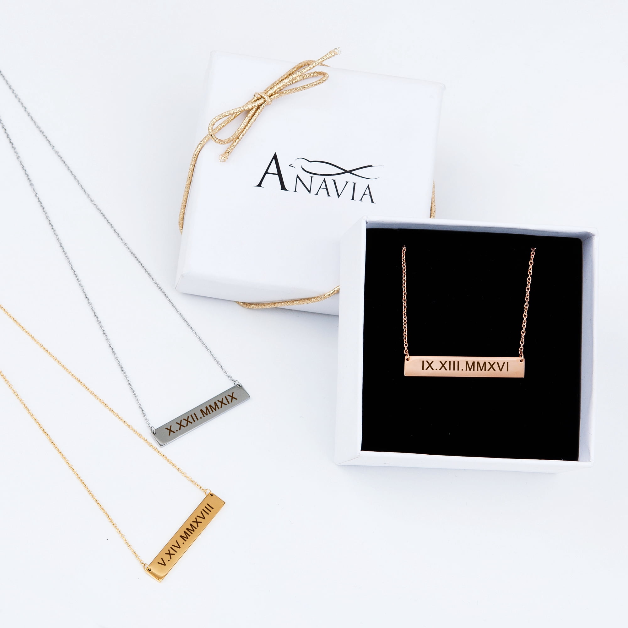 Personalized Birthday Day Gift for Mom Women's Stainless Steel Rose Gold Horizontal Name Necklace Bar Engravable Gift for Girlfriend Wife Free Jewelry Gift Box Ships Next Day