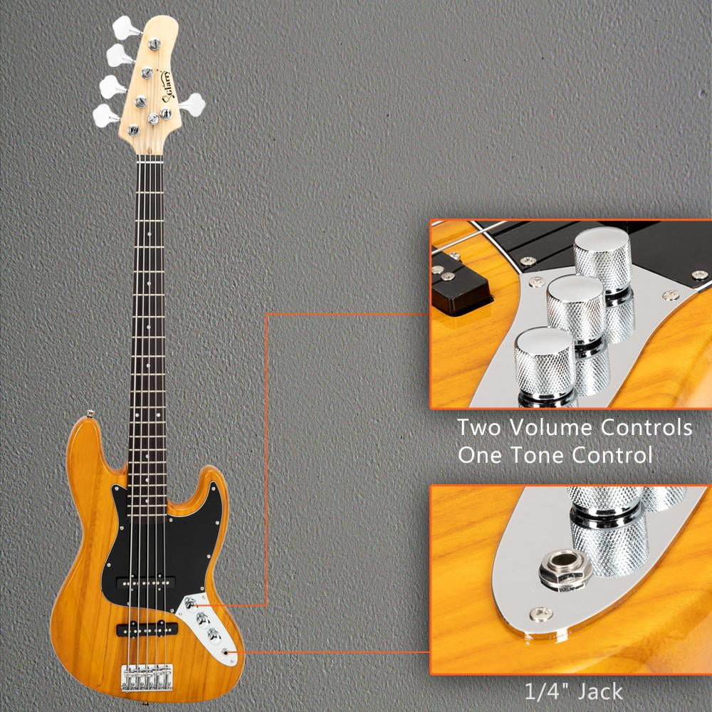 Electric 5 String Bass Guitar Full Size Bag Strap Pick Connector Wrench Tool Transparent Yellow